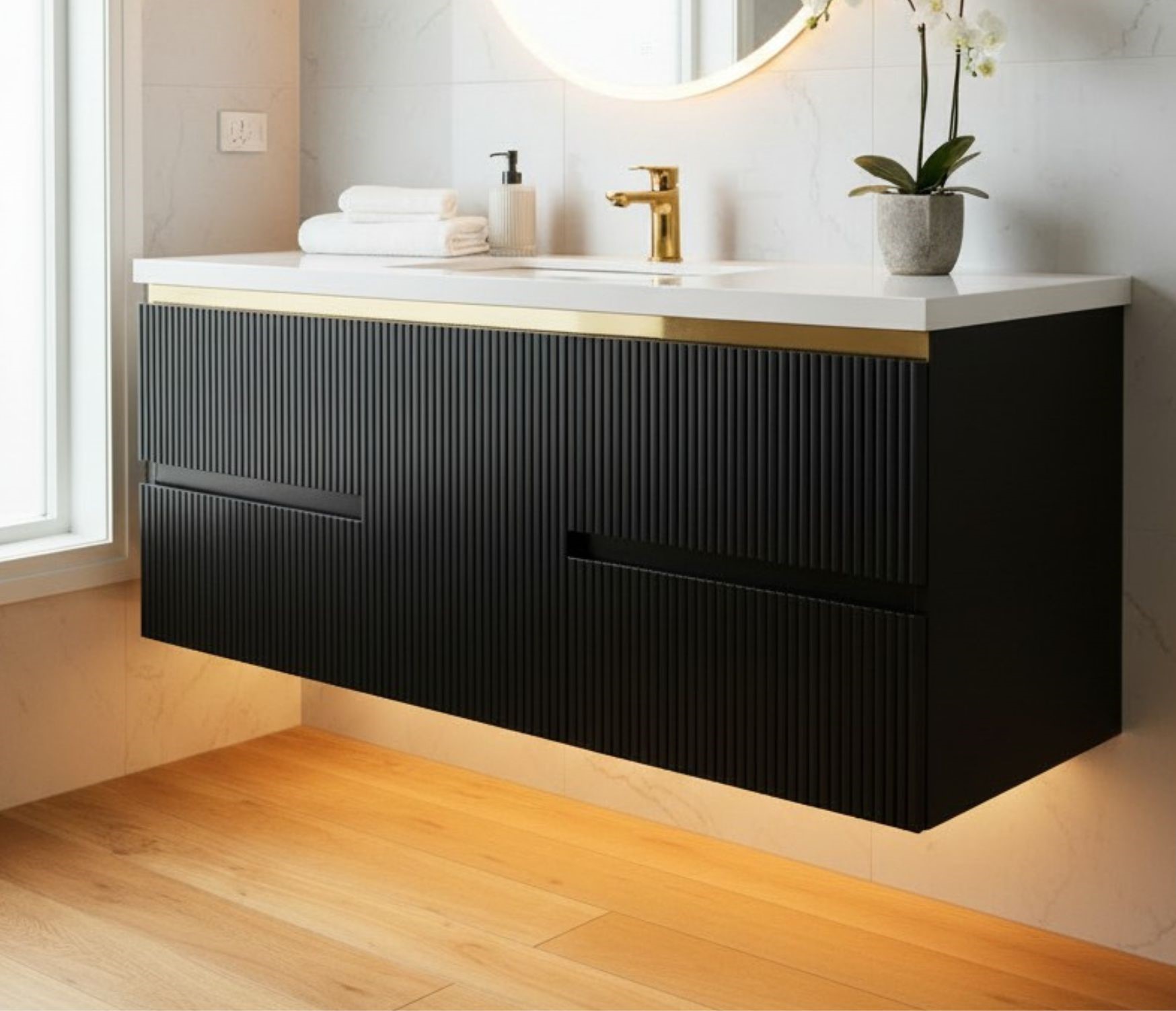 Valencia 48 inch Wall Mount Bathroom Vanity, with LED Light Motion Sensor, Water Resistant Wood Cabinet, Brushed Gold Strip, Heavy Duty Sintered Stone CounterTop, Ceramic Sink, Valencia (Black)